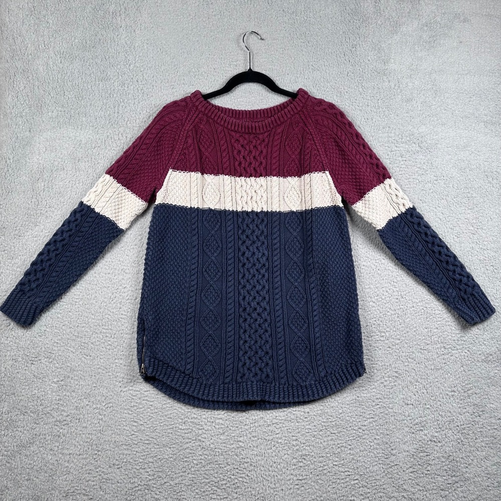 LL Bean Signature‎ Women's L Fisherman Cable Knit Tunic Sweater Colorblock Heavy